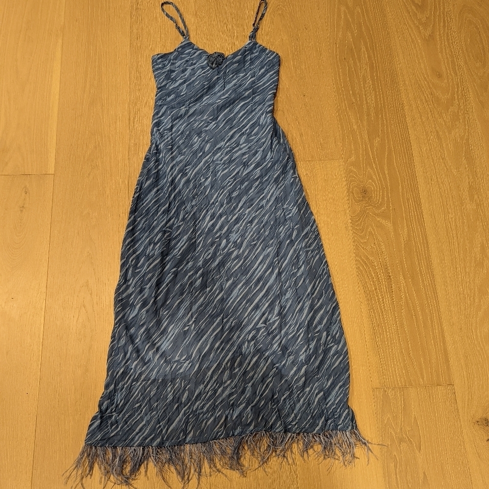 Elegant Blue Maxi Dress With Rosette and Feather Details